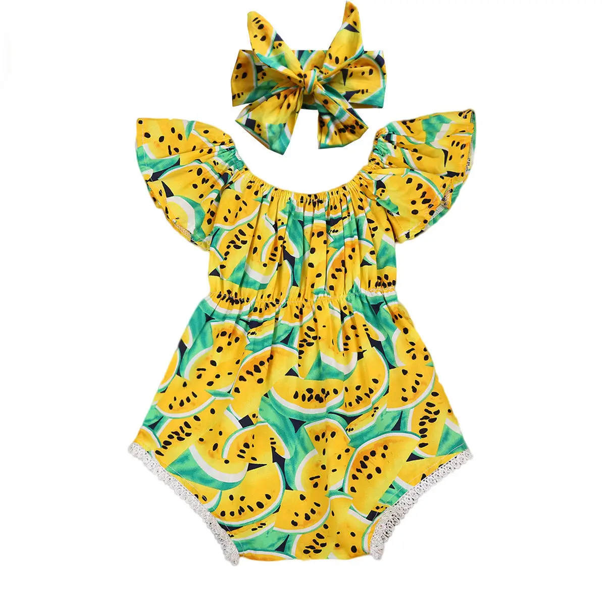 

Summer Newborn Infant Baby Girls Bodysuit Floral Sunsuit Watermelon Ruffles Romper Jumpsuit+Headband Outfits 2PCs