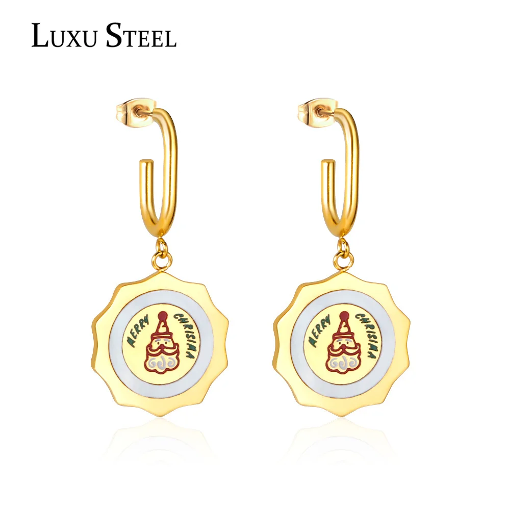 

LUXUSTEEL Hoop Earrings Bijoux Femme Stainless Steel Santa Claus Round Pendants Christmas Earrings Brinco Accessories Wedding