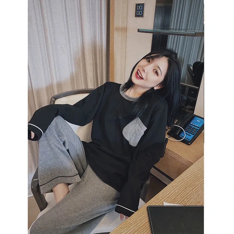 

New Spring Autumn 2 Pieces Pajamas Set For Women Long Sleeves Thin Female Pyjamas Set Solid Women's Sleepwear