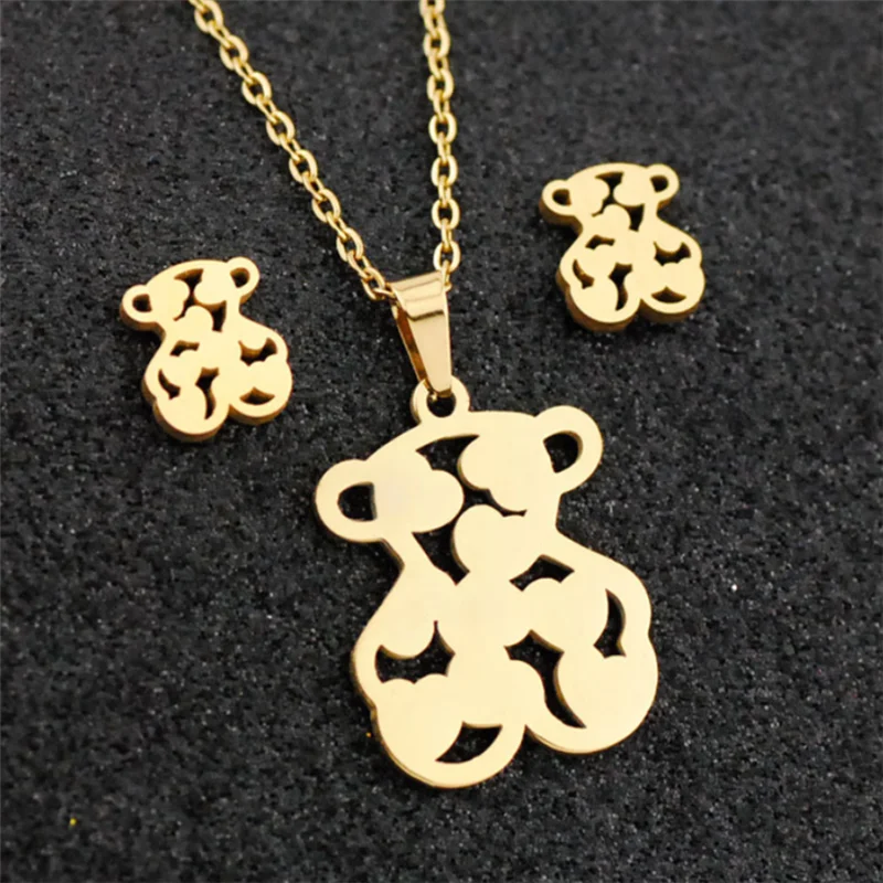

New Gold Color Stainless Steel Bear Pendant Necklace Earrings Sets Heart Love Bear Charm Necklace Jewelry Choker Sets for Women