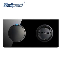 wallpad 1 gang 2 way eu 16a german socket crystal tempered pure black glass panel wall power socket outlet grounded