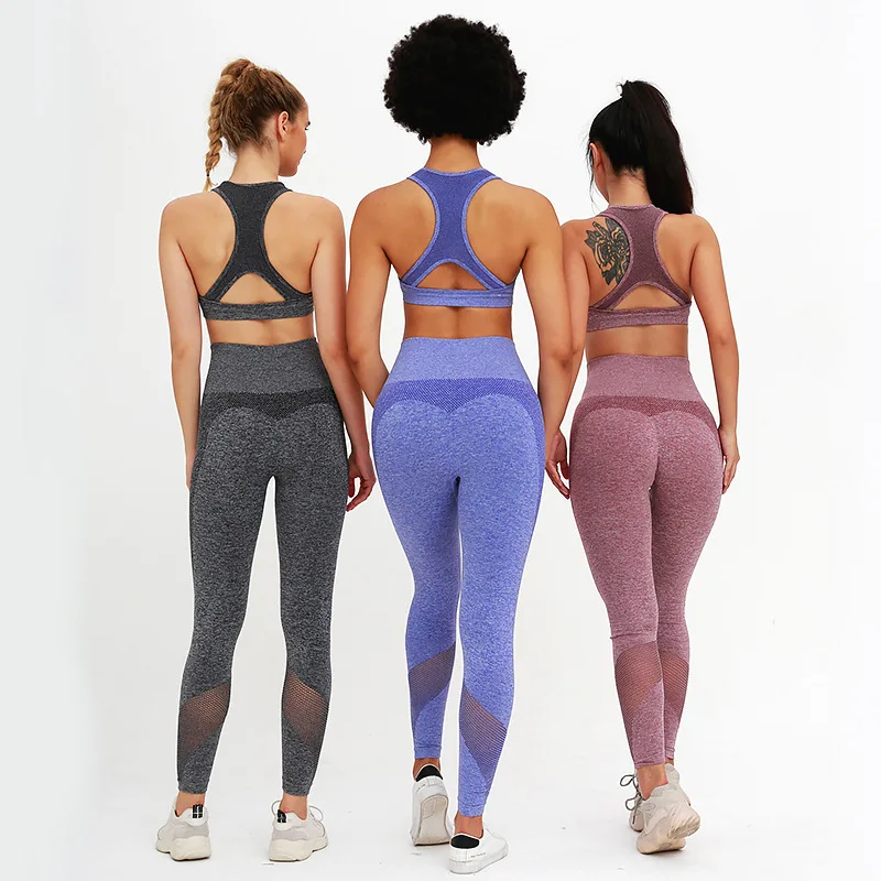 

Seamless Yoga Set Women Fitness Clothing Sportswear Woman Gym Leggings Padded Push-up Strappy Sports Bra 2 Pcs Sports Suits 2020