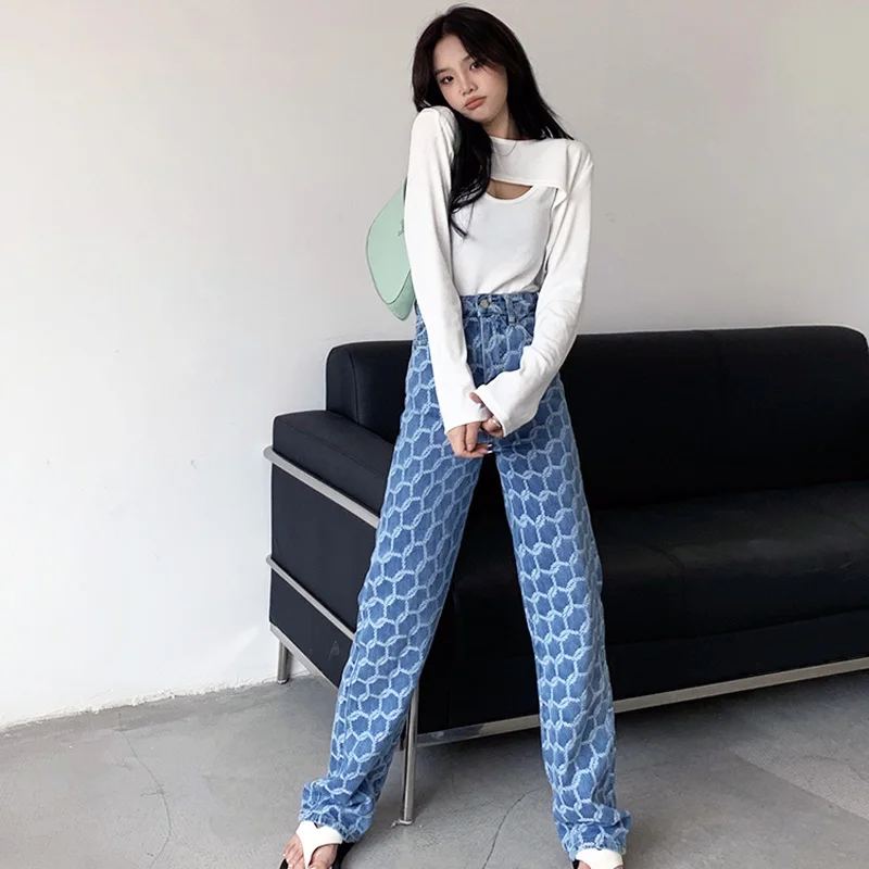 

Jeans Women Streetwear Jeans Fashion Mesh Print Jeans Vintage Washed Jeans Loose High Waist Wide Leg Pants Casual Straight Jean