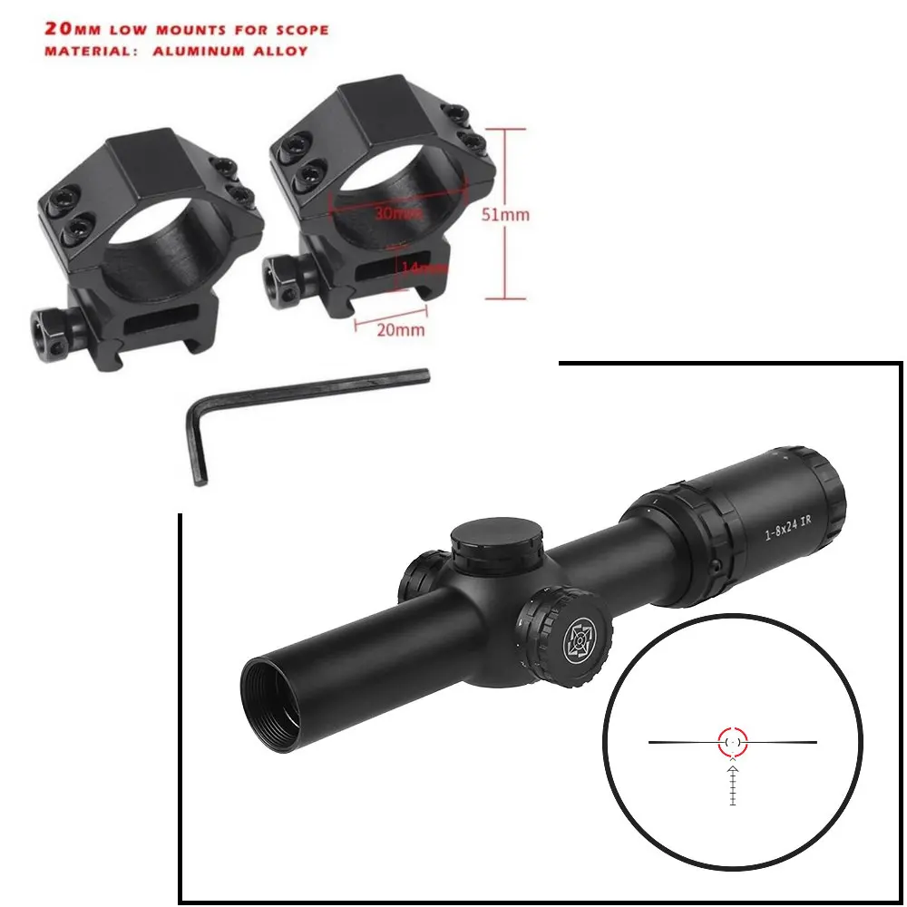 20mm low mounts MARCOOL 1-8X24 IG RIFLESCOPE красная подсветка Охотничий Тактический коллиматор прицел Сетка страйкбол винтовка на открытом воздухе cqb - Цвет: 20mm low mounts