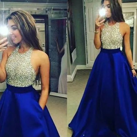 

Женское длинное атласное платье с круглым вырезом и бусинами для выпускного вечера, с карманами, Robe De Soiree, ТРАПЕЦИЕВИДНОЕ платье длиной до пола, Королевский синий цвет, вечерние платья