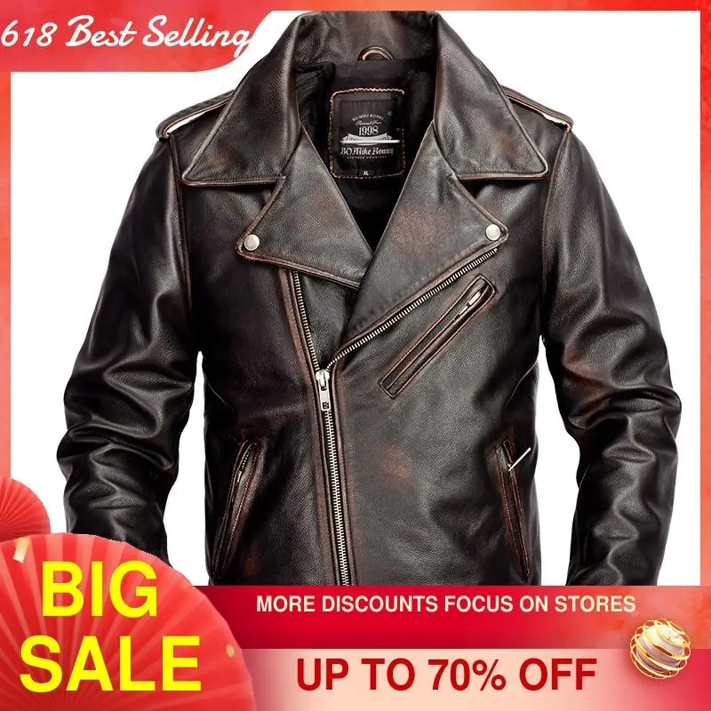 2021 винтажная коричневая Мужская Байкерская кожаная куртка размера плюс 4XL из