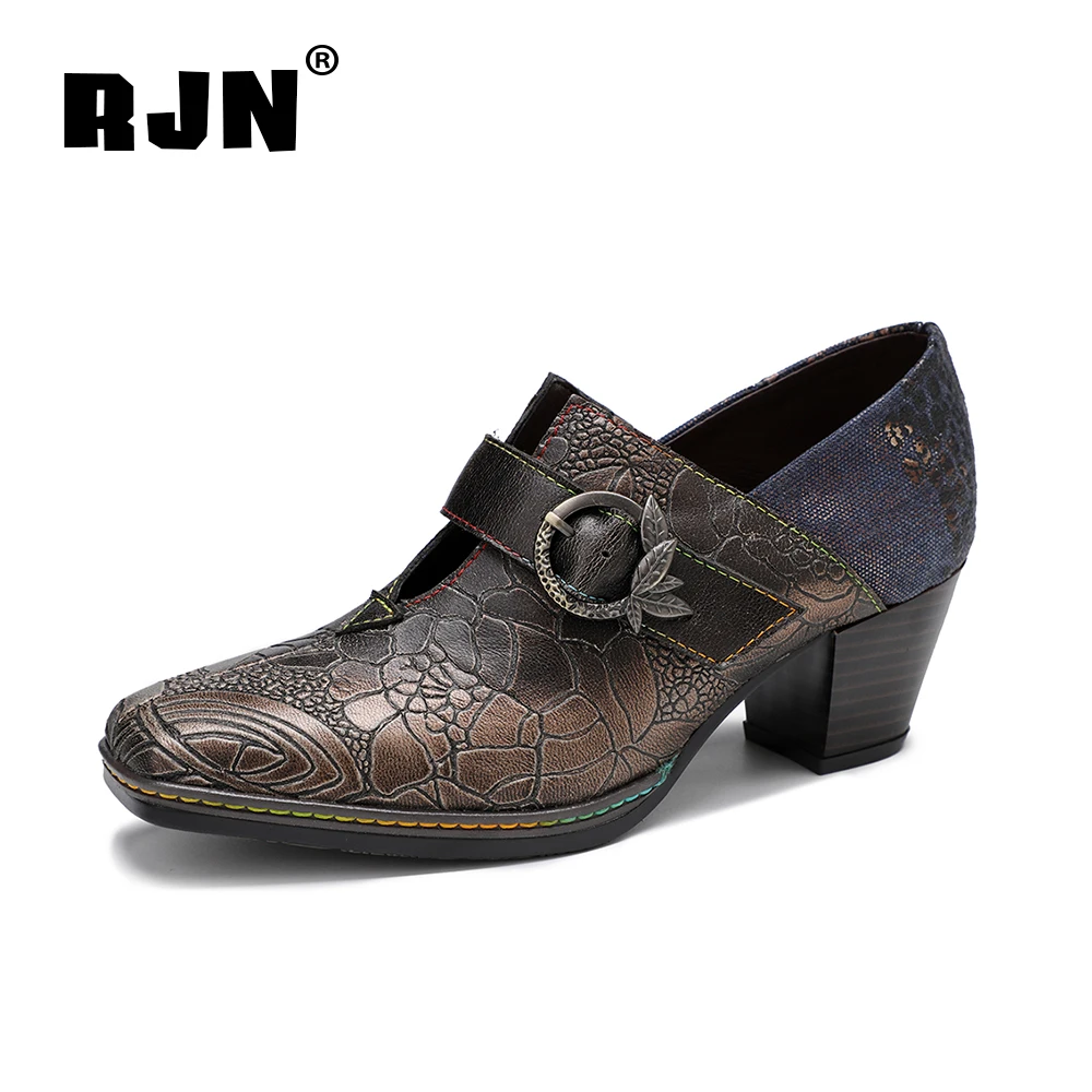 

RJN 2021 Spring New Women’s Pumps Retro Square Toe High-Quality Handmade Genuine Leather Printed High-Heeled Ladies Shoes RO606