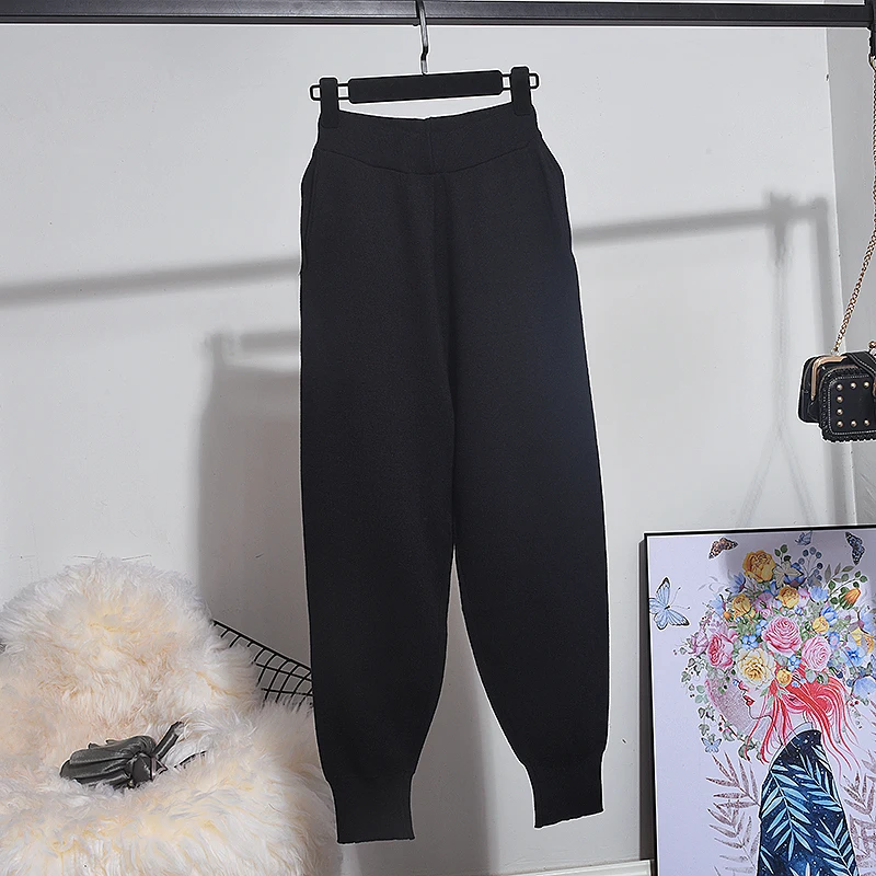 Осенне зимний черный вязаный комплект женский свитер с длинными рукавами и