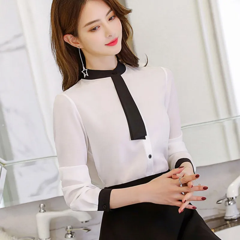 

Ladies Chiffon Shirt Women Loose Casual Round Collar Long Sleeve Shirt Female Solid Color Sexy OL Blouse