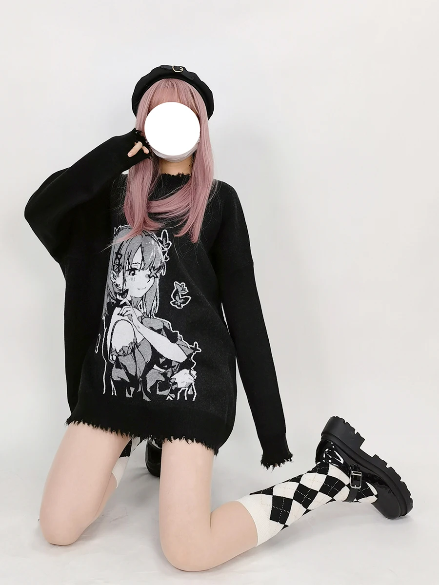 

Gothic Lolita Oversized Mid-length Knitted Sweater Women's Cartoon Pattern Round Neck Pullover Sweater Cool Girl Autumn Winter