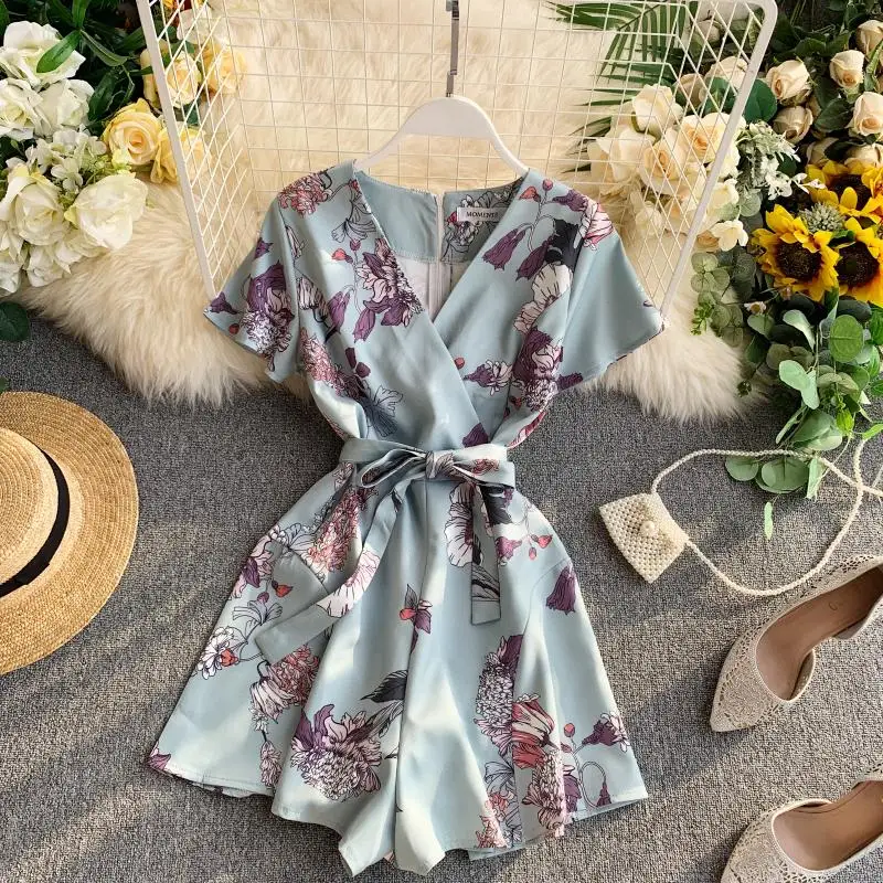 

Women's 2019 New Chic Korean Retro Printing V-collar High Waist Thin Broad-legged Playsuits Overalls Jumpsuits J083