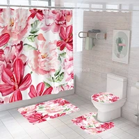 ins pink flower shower curtains romantic bathroom curtain bath sets toilet cover mat non slip washroom rug set modern 180x180cm
