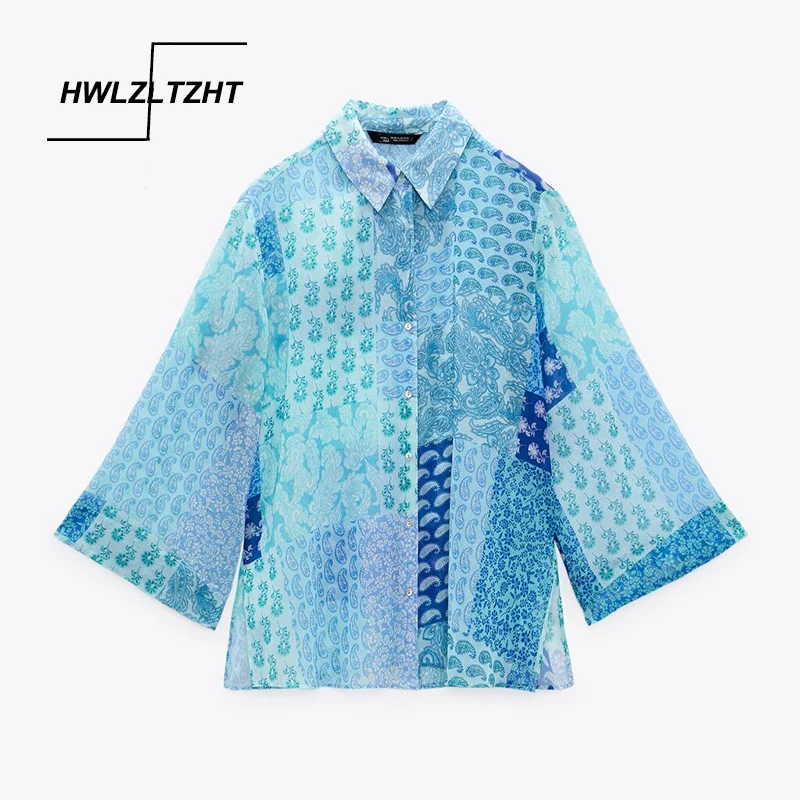 

HWLZLTZHT женская рубашка с принтом, новинка 2021, отложной воротник, однобортные топы, расклешенные женские блузки с длинным рукавом