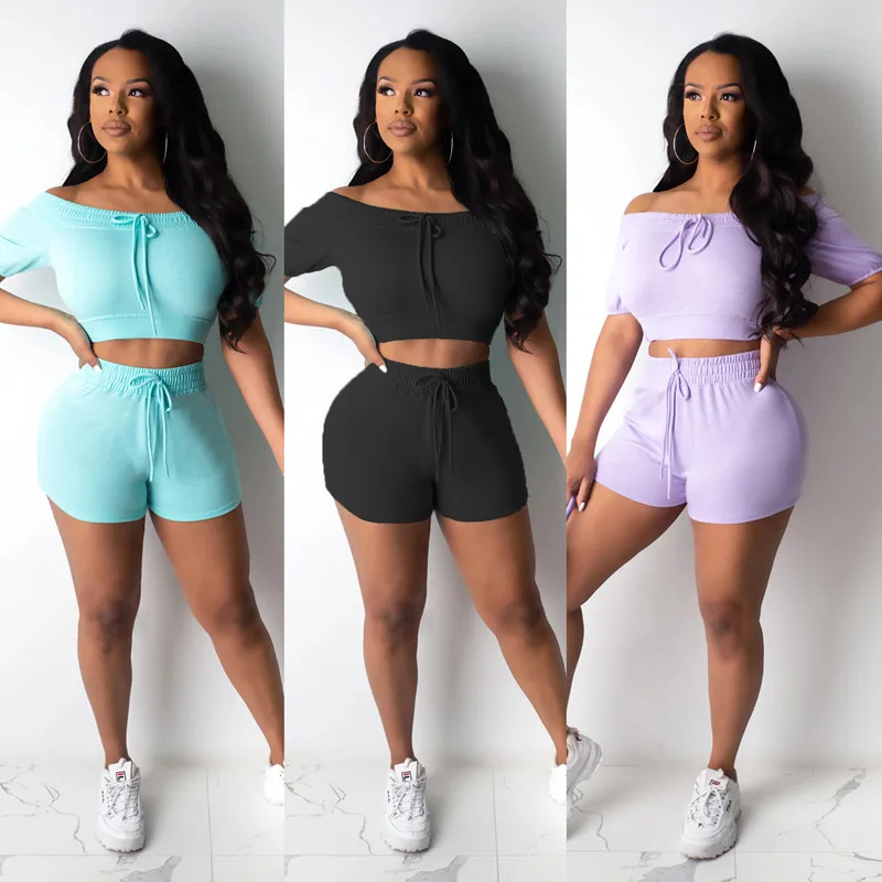 

European new family lady sport suit plain color casual fashion breast wrap short sleeve and shorts female suit