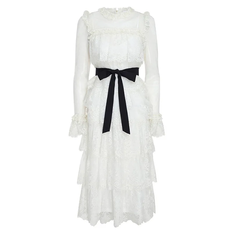 

New 2032 2020 spring and summer Europe and America eyelash lace multi layer cake Long Sleeve Dress