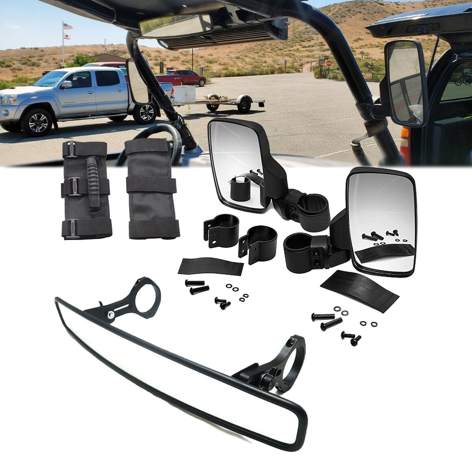 

UTV Mirrors Round Roll Cage Bar Rear Side View Mirror Kit & Grip For Polaris RZR Yamaha Raptor 700 Maverick x3 Can Am Outlander