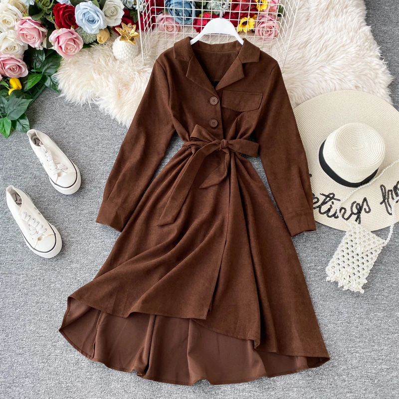 SINGRAIN Women Irregular Long Corduroy Dress Winter Streetwear French Office Warm Sleeves Autumn Vintage Shirt |