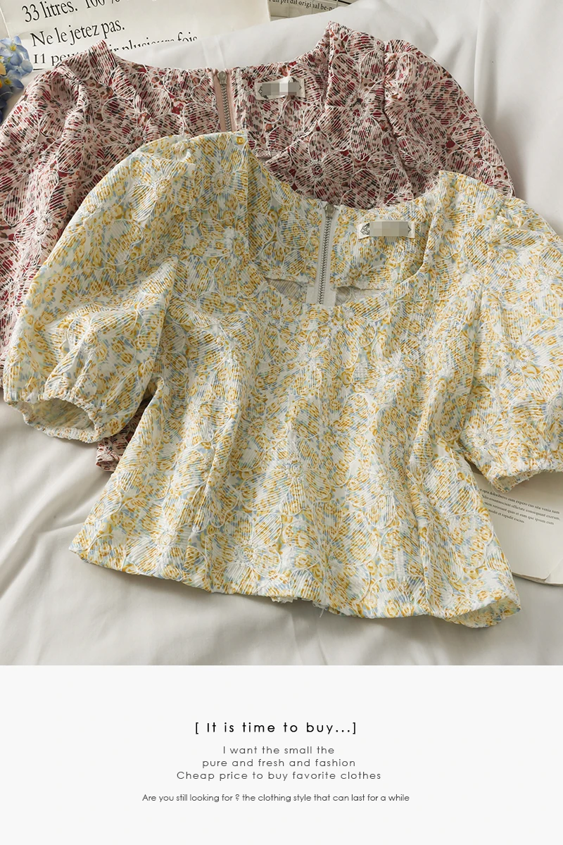 

2021 Summer zipper Print flower midriff blouse woman