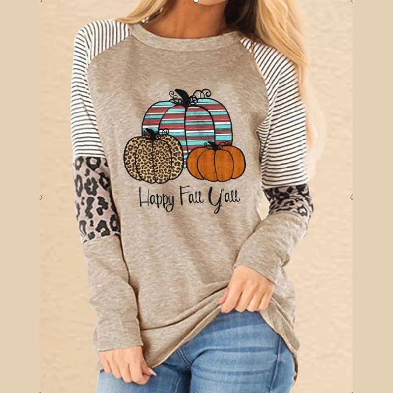 

2020 New Women Happy Fall You Letter Print Pumpkin Christmas Costume Long Sleeve Tees Loose Cotton O-neck T-shirt Woman Tshirts