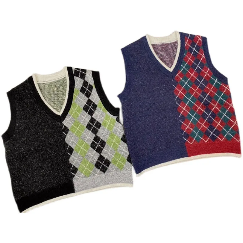 

2021 Autumn and Winter New Loose Wild Knitted Large Size Sleeveless Rhombic College Style Vest