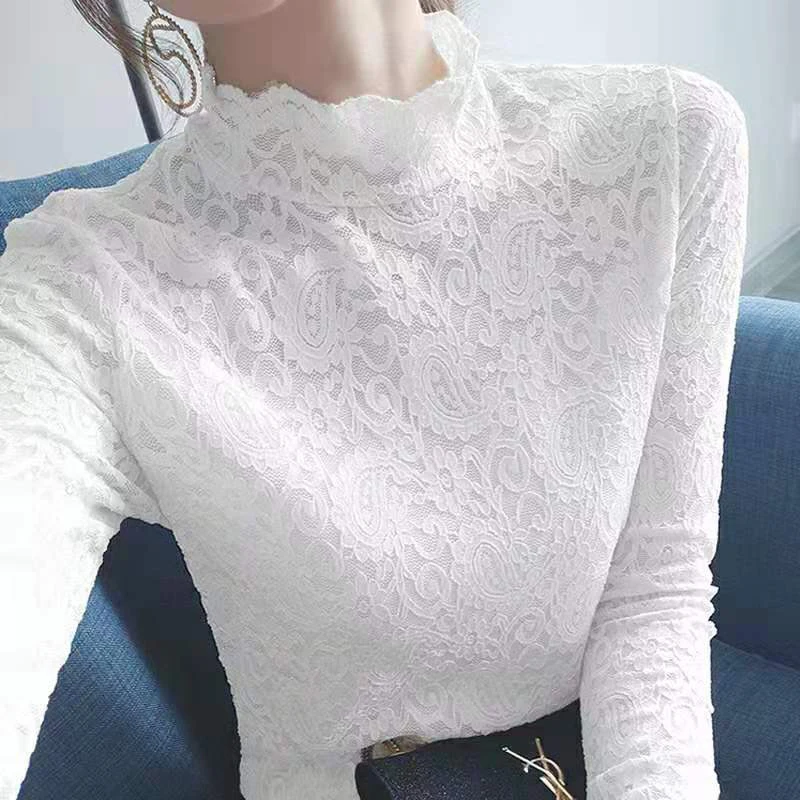 

Women's Spring Autumn Style Blouse Shirt Women's Solid Color Patchwork Embroidery Turtleneck Long Sleeve Sexy Lace Tops DD8348