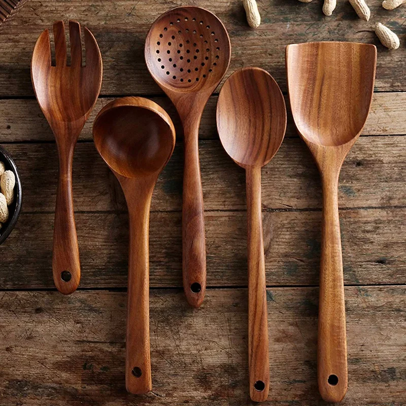 

Wooden Utensils Set for Kitchen, Handmade Natural Teak Cooking Spoons Wooden Spatula for Nonstick Cookware (5 Sets)