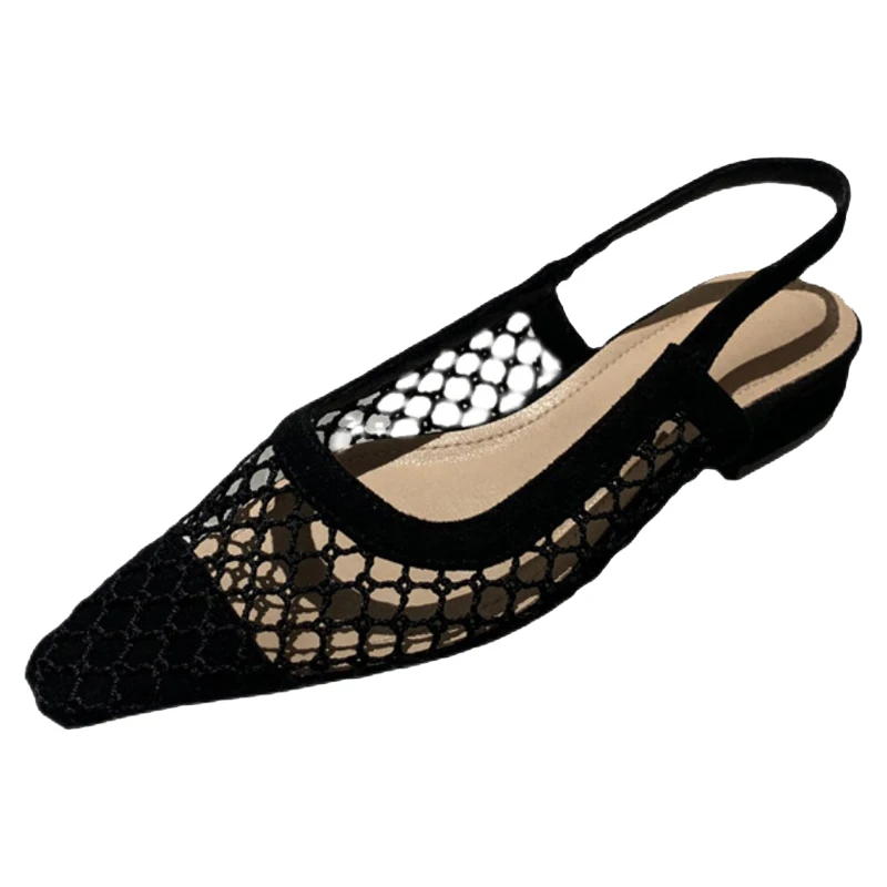 

SLHJC Summer Net Sandals Low Chunky Heels Square Toe Fashion Pumps Women Slip On Slingback Shoes