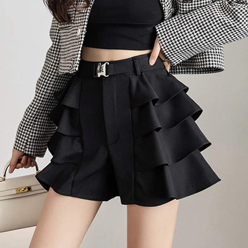 

Limiguyue шикарные черные металлические оборки мини юбки с высокой талией шорты тонкая сексуальная трапециевидная юбка Y2K уличная Клубная одеж...