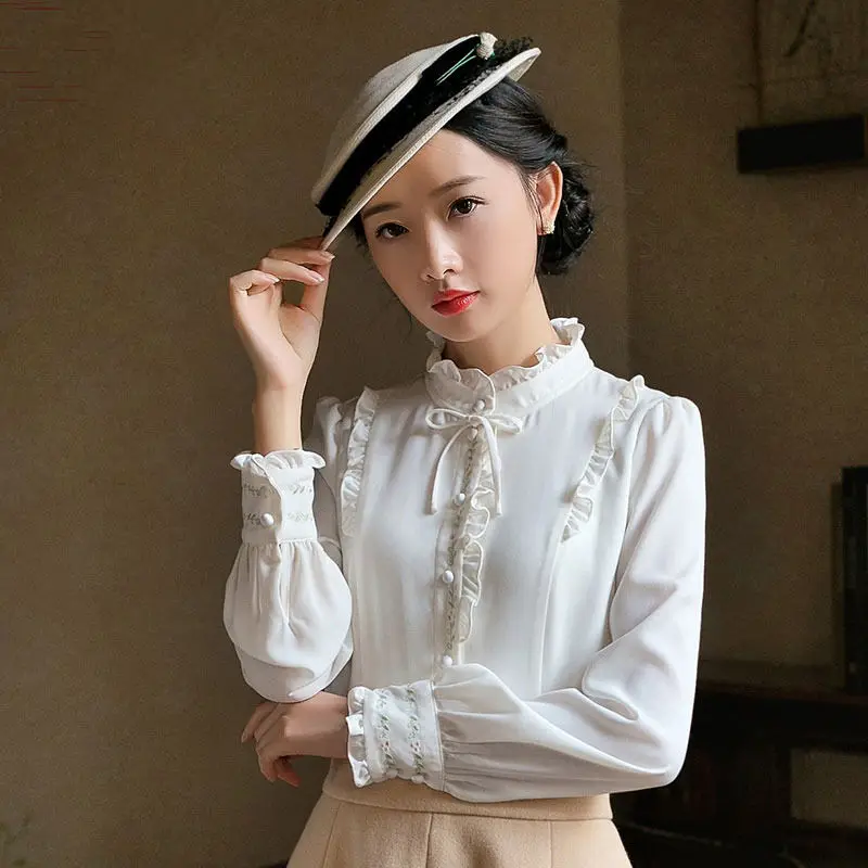 

White Shirt 2022 Spring And Autumn New Women's Literary Retro Stand-Up Collar Long-Sleeved Embroidered Slim Bottoming