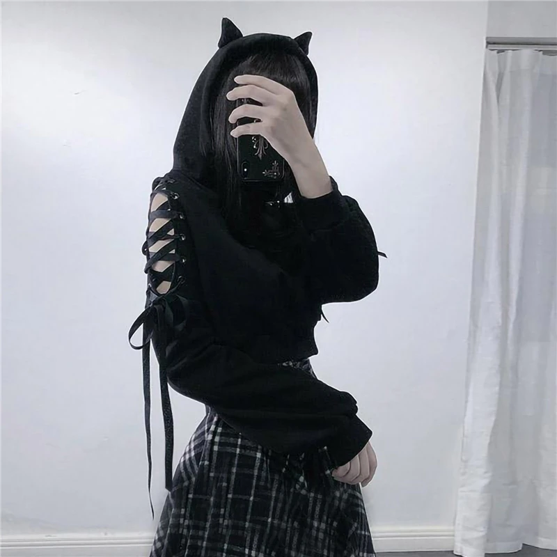 

GothGotik Gothic Black Hoodie Sweater Bandage Straps Tops For Women Casual Streetwear Spring Fashion Hip Hop Plus Size Cool