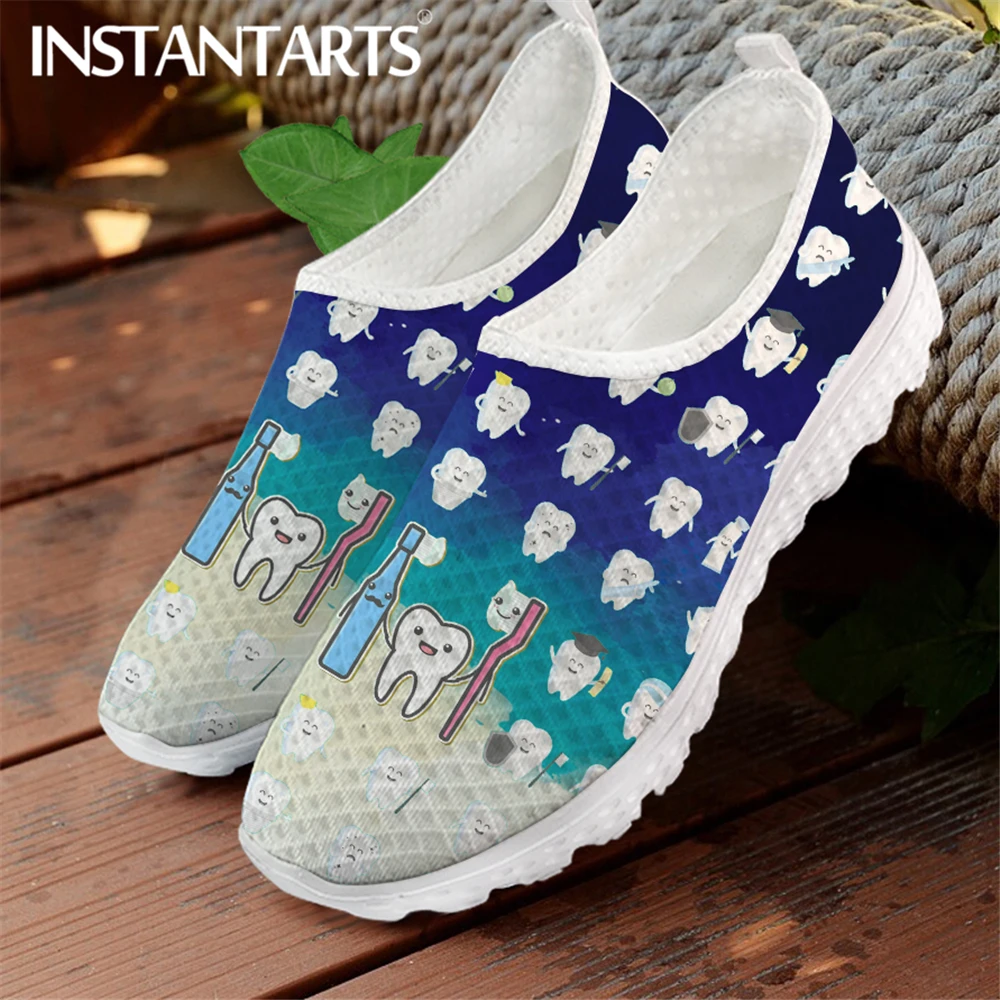 

INSTANTARTS 2021 New Style Women Slip-on Flat Shoes Cartoon Tooth Gradient Pattern Ladies Mesh Sneakers Slip-on Beach Loafers