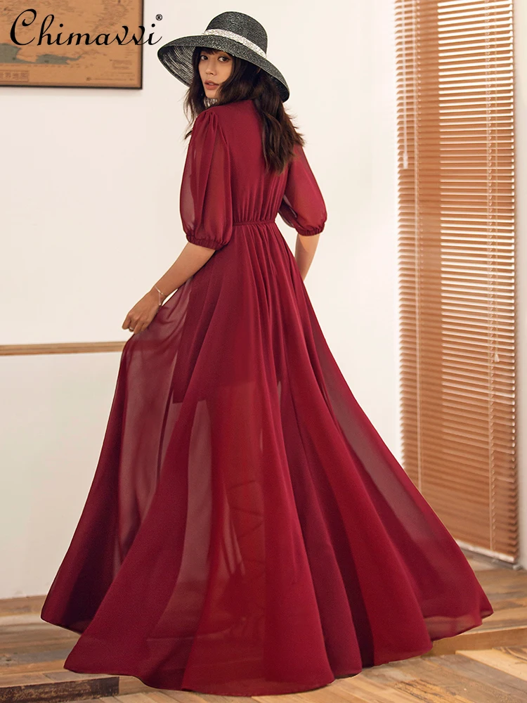 

Chiffon Dress Women 2021 Summer Fashion Retro Slimming Temperament Ethereal Swing Dress V-neck Elastic Waist Dress Floor-length