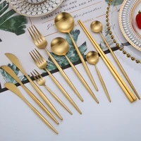 round handle dinnerware sets 1810 stainless steel gold cutlery set spoon fork knife chopsticks kitchen set matte tableware sets