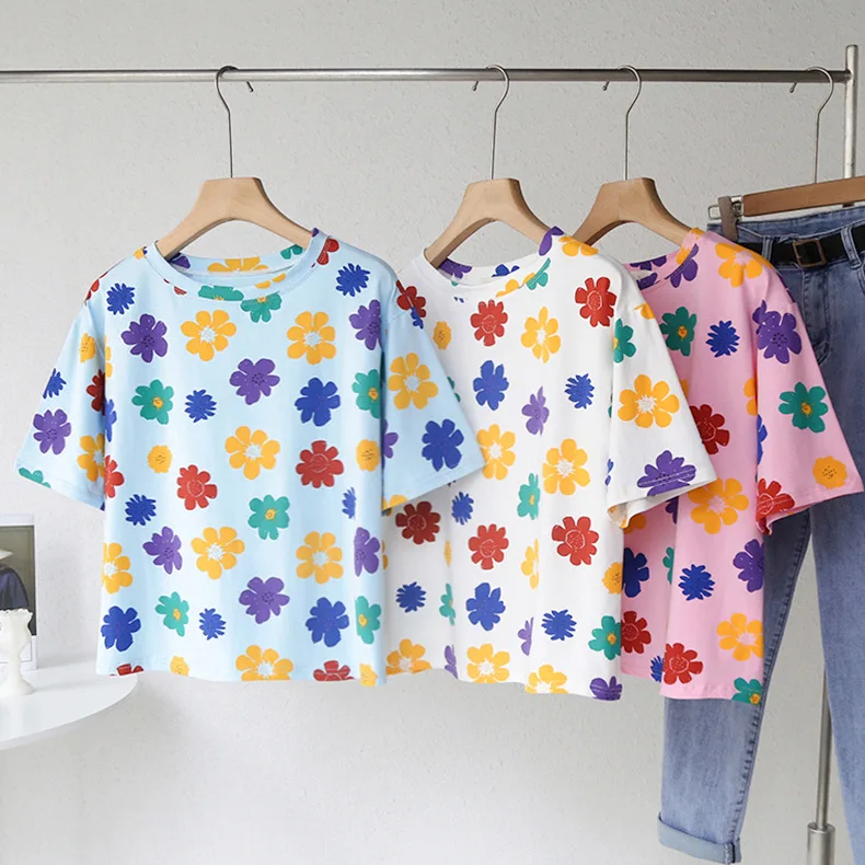 

Summer Women's Short Sleeve Leisure Vacation Round Neck Full Body Small Flower Top Loose Pullover T-shirt Women