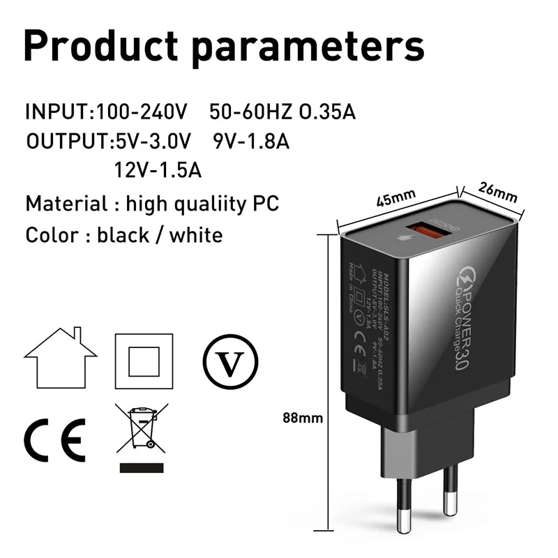 USLION 3A EU Plug USB зарядное устройство Быстрая зарядка 3,0 быстрый мобильный телефон настенные зарядные устройства для iPhone XS X 8 7 samsung Note 9 S9 S10 huawei