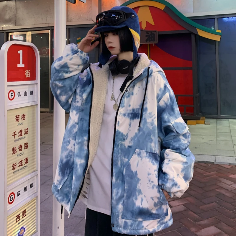

Korean Lamb Wool Women's Coat Zipper Winter Autumn Snow Mountain Tie-dye Printing Japanese Harajuku Cotton Loose Jacket Female