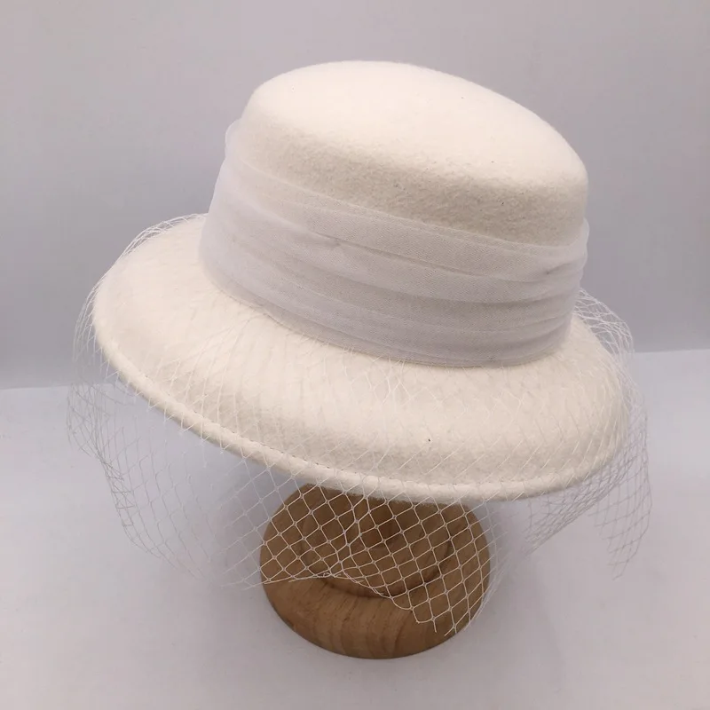 

Winter French Fedora Hat Women White Dome Wide Brim White Gauze Covered Face Buckat Hat British Female Hepburn Style Basin Cap