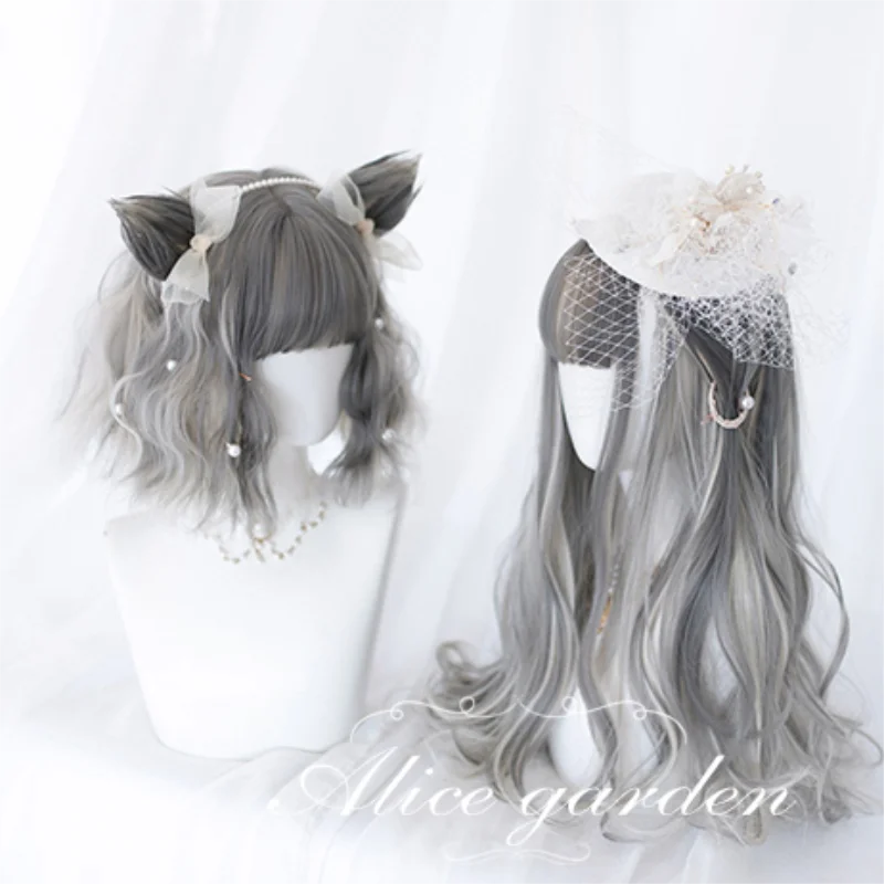 

Daily Harajuku lolita wig cat diary cat ear silver gradient long curly sweet cute student girl women wig Gray maroon brown