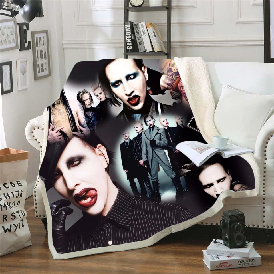

Бархатное Флисовое одеяло Singer Marilyn Manson, 3D покрывало из шерпы, покрывало для кровати, дорожное постельное белье, 0004
