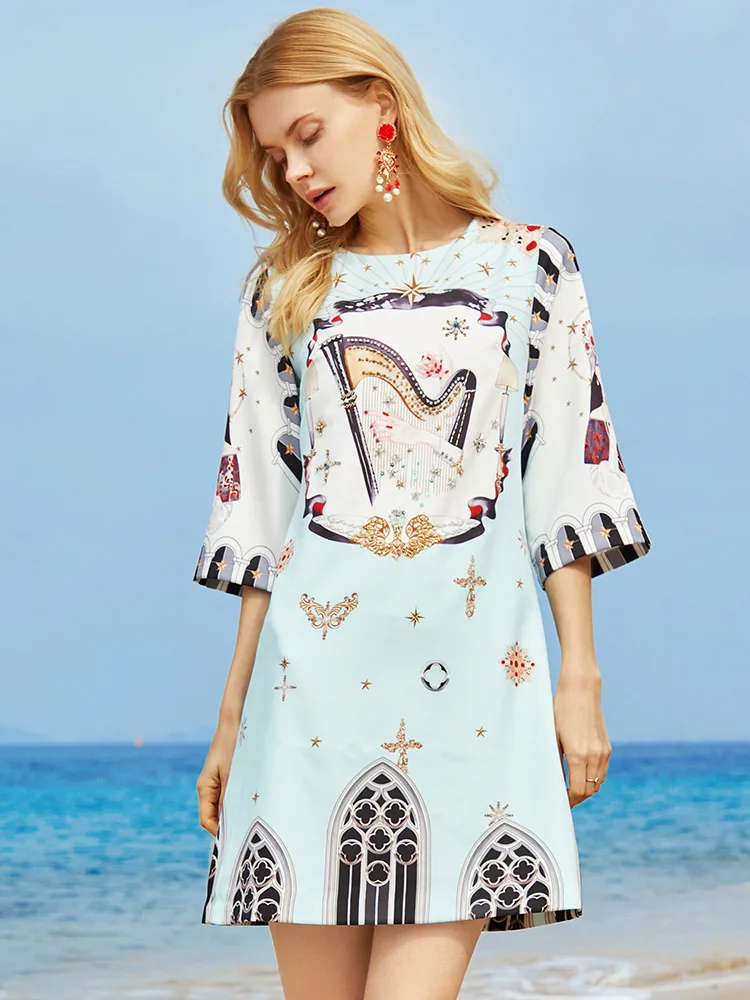 

2021 New Fashion Handmade Beaded Diamond Organ Printed Round Neck Slim Casual Dress for Women