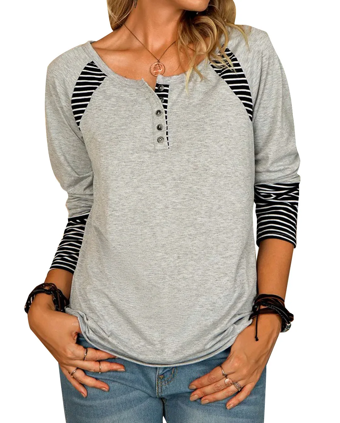 

T-shirt Women 2021 Autumn And Winter New Long-Sleeved Printed Striped Round Neck Casual Fashion Loose Clothes T158