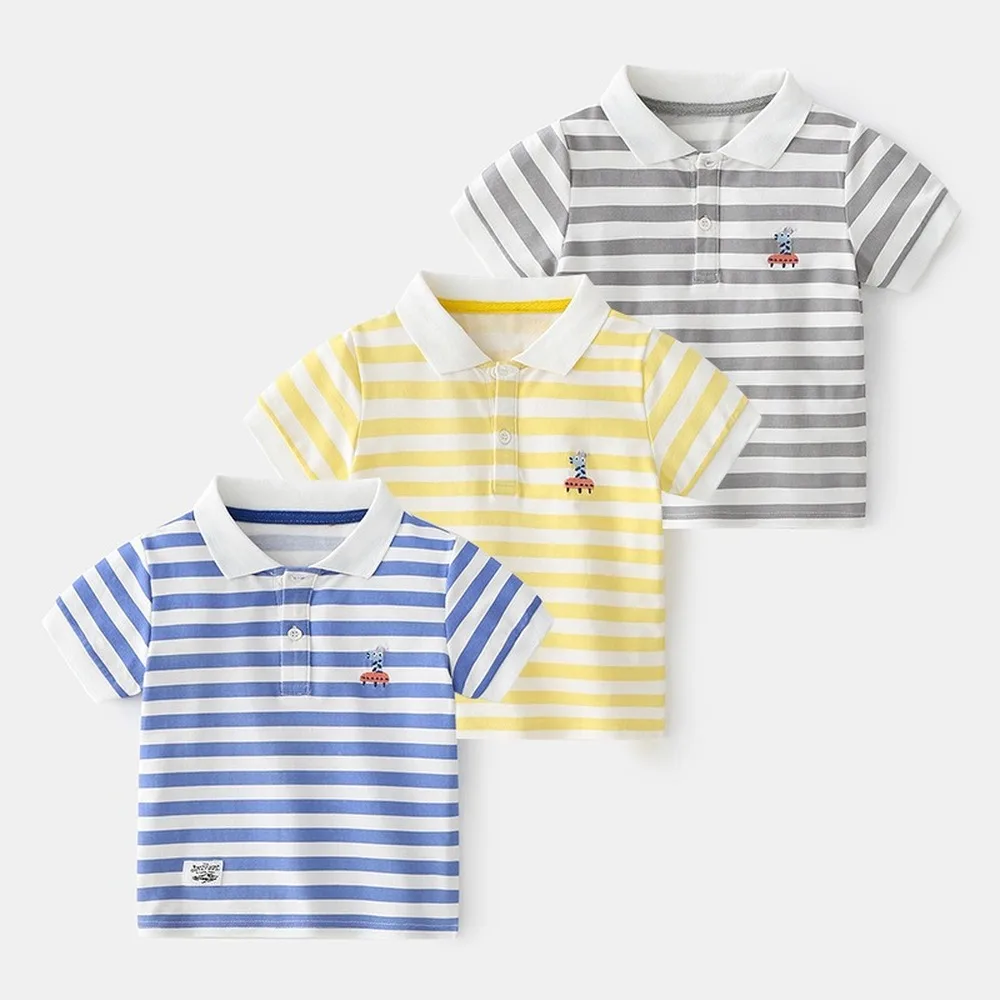 

2021 Summer Baby Boys Polo Shirts Blue Striped Short Sleeve Clothes for Girls Cotton Breathable Kids Tops Outwear 24M-8Y Clothes