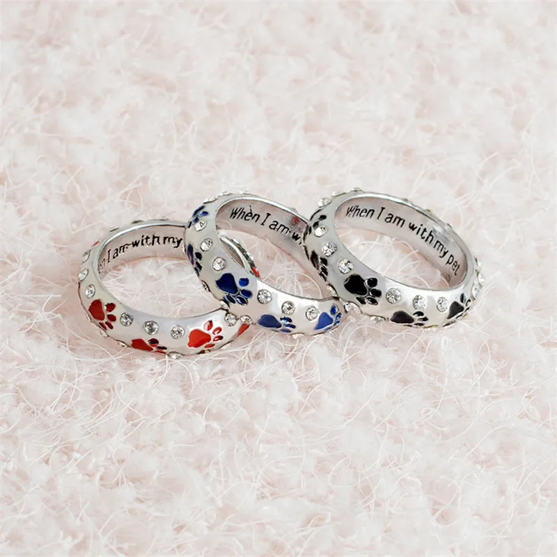

"when I am with my pet" Black Red Blue Footprints Enamel Ring Rhinestones Animal Claw Dog Paw Rings For Women Men Jewelry Gifts