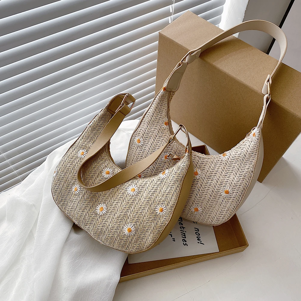 

2021 Fashion Women Woven Underarm Hobos Bag Casual Summer Vacation Daisy Small Purses Women Pleated Female Handbag