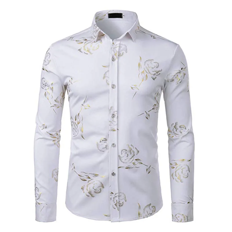 Hemiks Men'S Nightclub Shiny Golden 3D Rose Printed Shirts Slim Fit Button Down Party Dress Shirt Business Casual | Мужская одежда