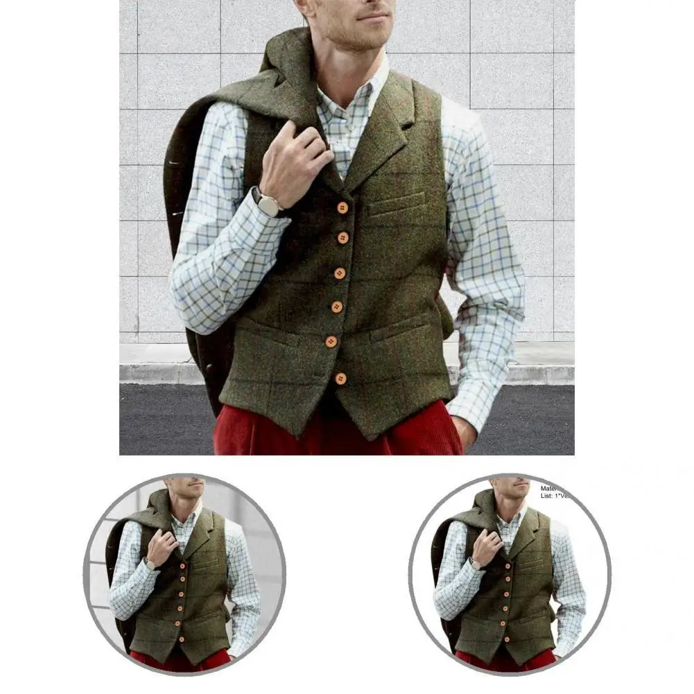 

Terrific Waistcoat Pockets Vintage Pure Color Sleeveless Men Vest Men Vest Autumn Waistcoat