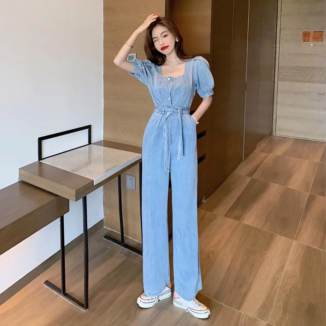

Summer Vintage Denim Jumpsuit 2021 Strappy Square Collar Casual Jeans Fashion Short-Sleeved Loose Pants Jumpsuit Female