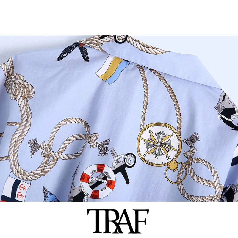 

TRAF Women Fashion With Knot Printed Cropped Blouses Vintage Long Sleeve Side Zipper Female Shirts Blusas Chic Tops