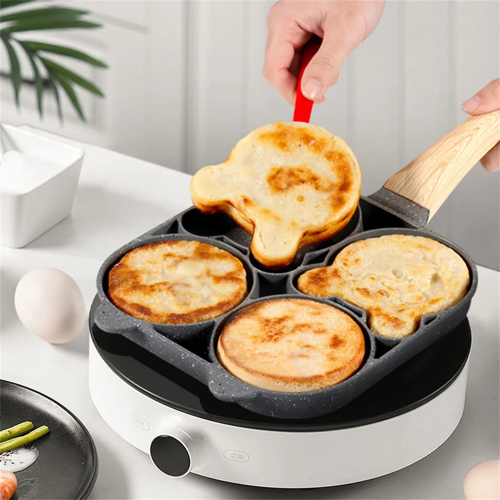 

Four-hole Frying Pot Thickened Omelet Pan Black Non-stick Egg Steak Ham Pancake Wooden Handle Kitchen Cooking Breakfast Maker