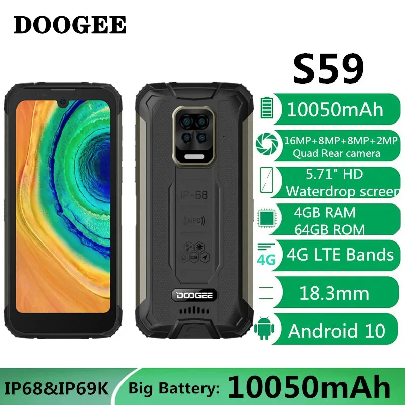 

DOOGEE S59 Rugged Phone 10050mAh Super Battery Smartphone 4GB+64GB Cellphone IP68/IP69K 2W Loud Volume Speaker Celular